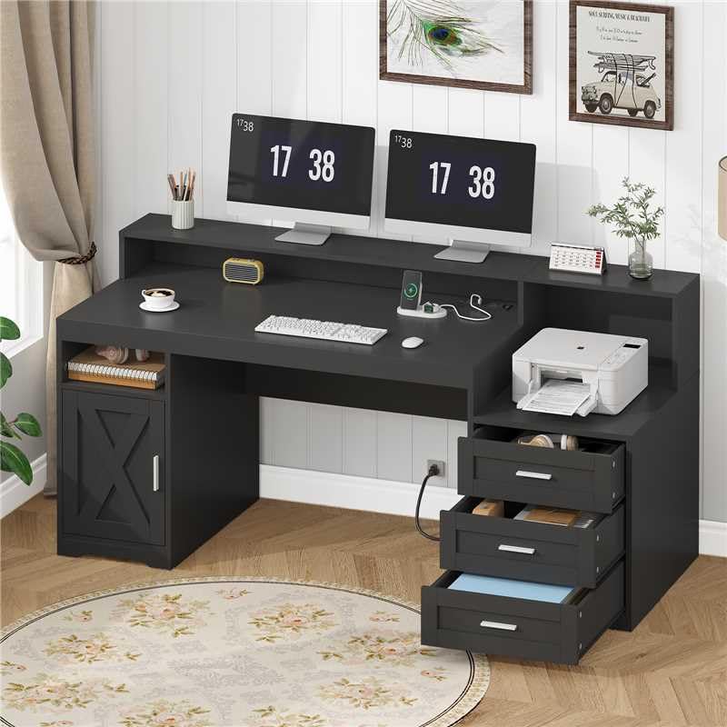 TVU 65-Inch Farmhouse Desk with Drawers & Power